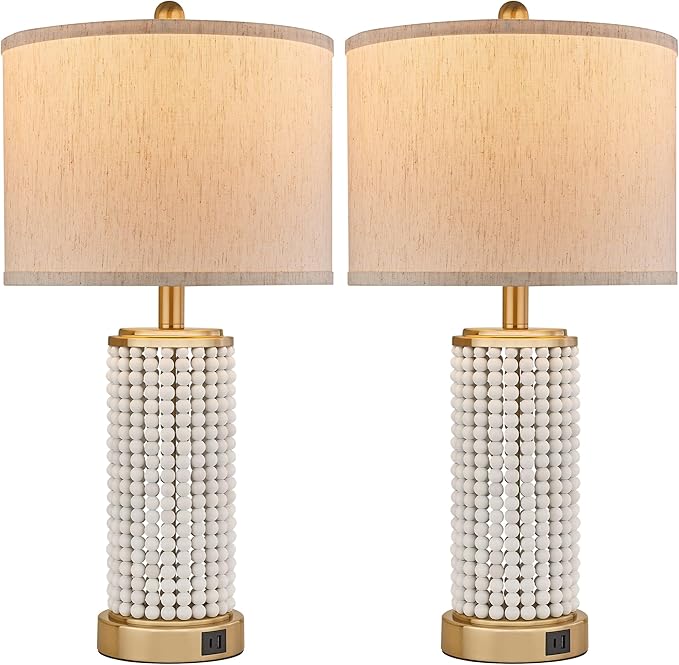 Wood Beaded Table Lamp Set of 2 for Living Room Bedroom Touch Control 3-Way Dimmable 24.5" Farmhouse Table Lamps Rustic Nightstand Bedside Lamps(2 Bulbs Included)