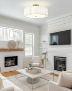 Gold Semi Flush Mount Ceiling Lights, 4-Light 18" Ceiling Light Fixtures with Fabric Shade in Flower Shape, Farmhouse Brass Drum Lighting for Nursery Bedroom Kitchen, AD-22009-4SF-GD