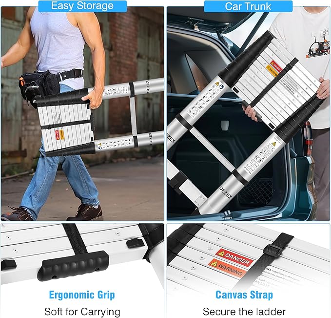 Telescoping Ladders 12.5 FT Aluminum Lsdder - One-Button Retraction Collapsible Extension Ladder for Home,RV,Attic,Lasts 330 LBS with Swivel Feet and Non-Slip Cushion