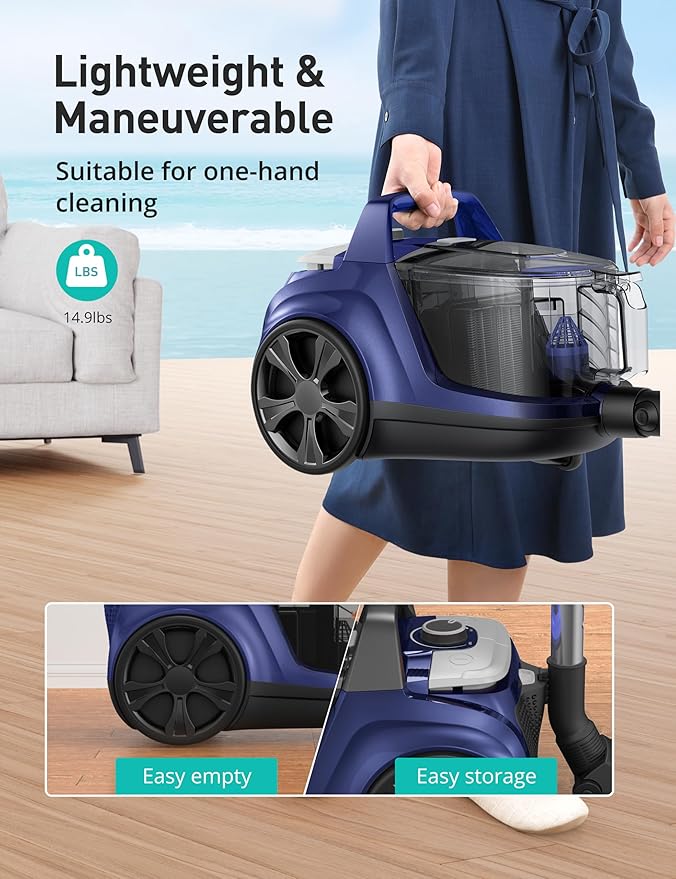 Aspiron Canister Vacuum Cleaner, 30Kpa Bagless Vacuum Cleaners, 3.7QT Large Dust Cup, Double HEPA Filter, Retractable Cord, 1600W Lightweight Vacuum Cleaner with 5 Tools for Hard Floors, Indigo