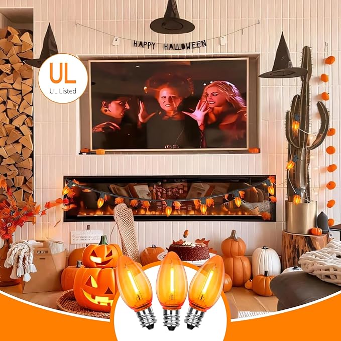 C7 Replacement Bulbs, 10 Pack Halloween Orange LED Bulbs, 0.6W E12 Candelabra Base for Outdoor String Lights, Christmas Party, Patio Decor