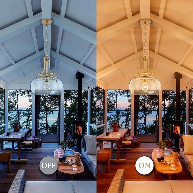 Industrial Round Chandelier Rustic Ceiling Light Fixture Farmhouse Pendant Light with Clear Glass Shade for Dining Room Hallway Entryway Kitchen Bedroom, Gold