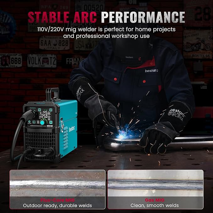 bestarc 145Amp MIG Welder, 110V 220V Flux Core MIG/Lift TIG/Stick 4 in 1 Welder Machine, Large LED Display Welding Machine, IGBT Inverter bestarc Welder MIG145 Soild Gasless Synergy MIG Welder
