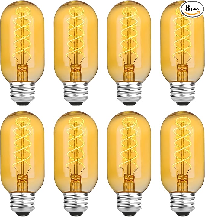 AMDTU Edison Bulbs 25 Watt E26 Base, Super Thin Spiral Filament Non-Dimmable, 25W Tubular Incandescent Light Bulb Replacement Soft Warm 2200K, T45 Amber Glass Retro LED Bulb 4W, 8 Pack