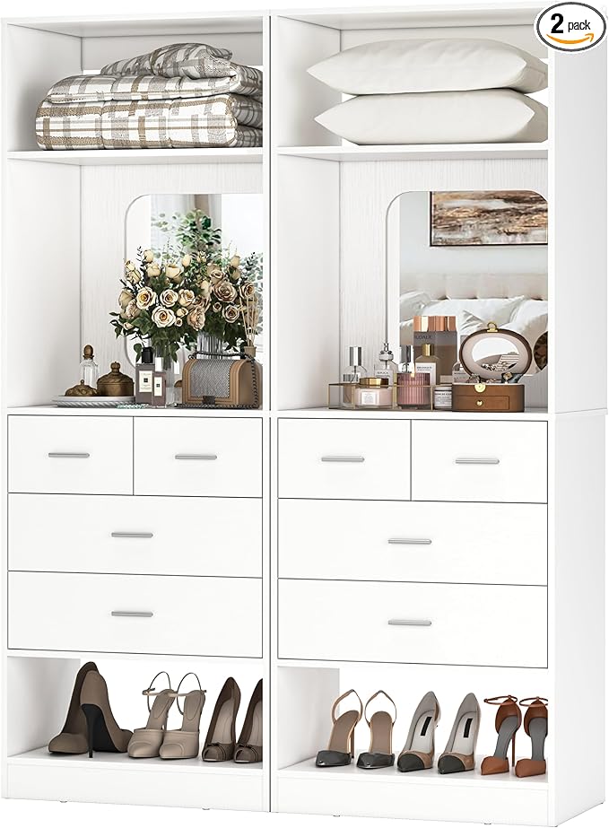 Unikito 50 Inch Closet System with Drawers, 4FT Wood Closets Organizer with Mirror Design, Freestanding Heavy Duty Walk in Closet Towers for Bedroom, Max Load 1000 LBS, Easy Assembly, White
