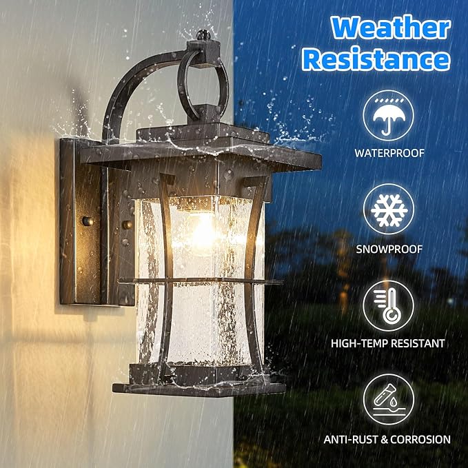 Outdoor Wall Sconces Light Fixtures Exterior Wall Lantern Outside House Lamps Waterproof Black Metal with Clear Seeded Glass, Perfect for Exterior Porch Patio House