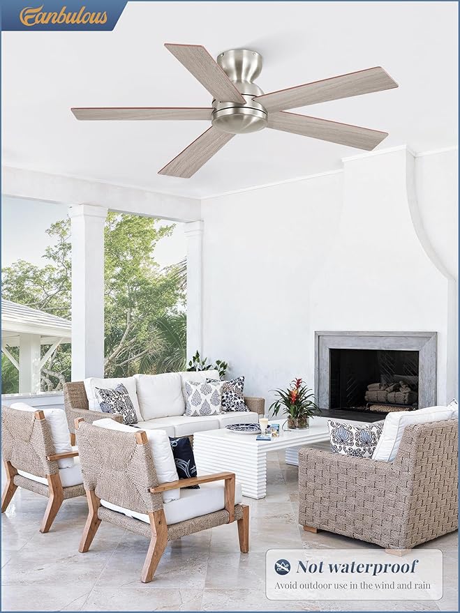 42 Inch Flush Mount Ceiling Fans no Light, Brushed Nickel Modern Ceiling Fans, 6-Speeds, Quiet Reversible DC Motor, Outdoor/Indoor Ceiling Fan for Patios, Living Room, Bedroom