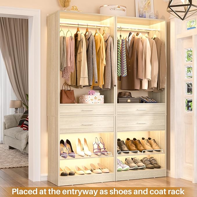 Unikito 25” W x 80'' H Closet System Organizer with Hanging Rod and 2 Wooden Drawers, Adjustable Shoes Rack, Sturdy Garment Racks, Walk-in Closet Tower for Bedroom, Mudroom, and Entryway, White Oak