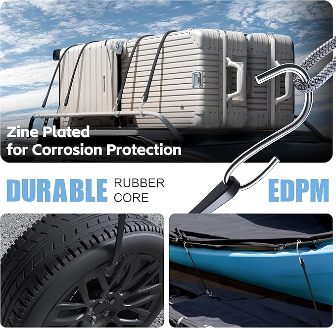 KJE 10Pack 21" Rubber Bungee Cords with S Hooks - Heavy Duty Black Bungee Straps, Quality EPDM - Load 180 lbs, Ideal for Outdoor Tie Downs, Securing Tarps & Canvases & Cargo in Cold Hot Climates