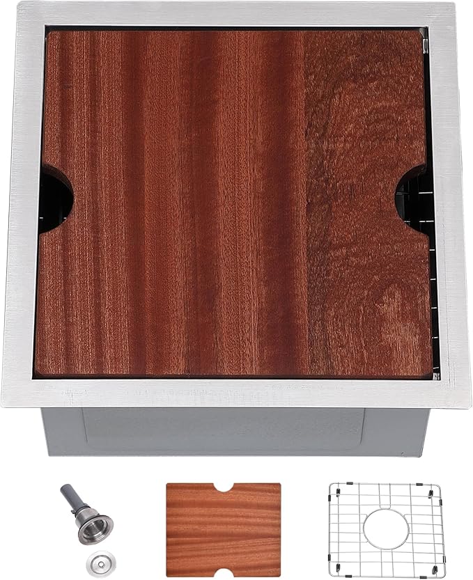 SHACO 15x15 Inch Undermount Bar Sink,15 Inch Stainless Steel Single Bowl Handmade Brushed Nickel 16 Gauge Small Kitchen Workstation Laundry Sink with Ledge and Accessories