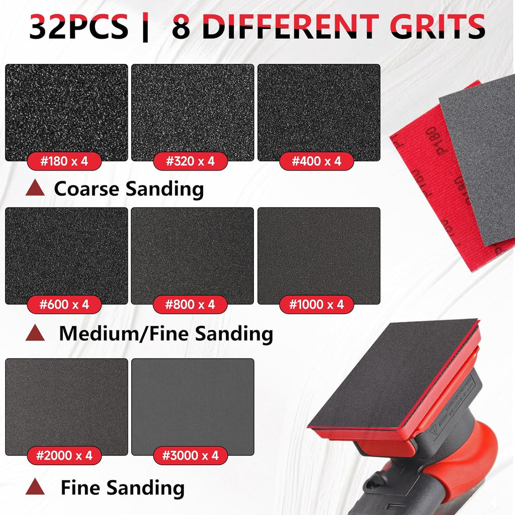 32PCS Sanding Sponge Kit, 180-3000 Grit Hook & Loop Wet Dry Sanding Sponges for Wood, Metal, Auto Body - Foam Sanding Pads for Furniture, Crafts, Drywall, and Model Polishing