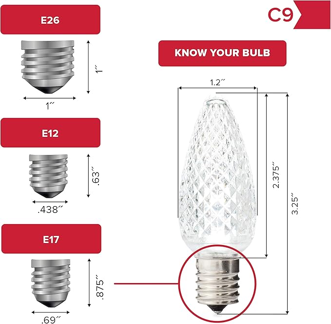 HLO Lighting Set of 25 Warm White C9 Faceted LED Christmas Light Bulbs for Indoor & Outdoor Use | Durable Replacement Bulbs