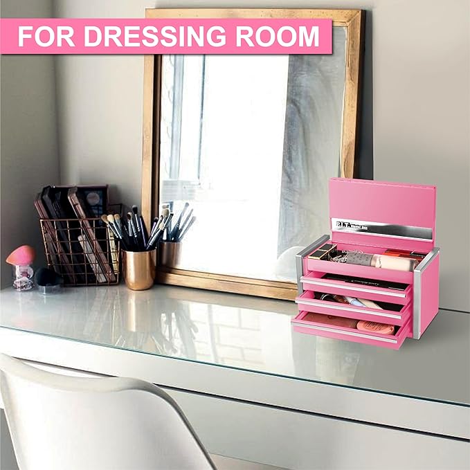 P.I.T. Mini Pink Tool Box, Portable 3 Drawer Steel Stackable Tool Box with Magnetic Tab Locking, Pink Micro Top Chest with Liner for Tools Storage and Organizers, Home DIY