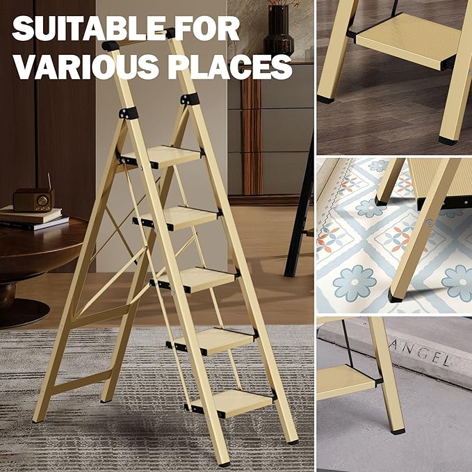 5 Step Step Ladder,Lightweight Folding Step Stool with Anti-Slip Aluminum Wide Pedal&Convenient Handgrip,Steel Ladder for Household and Office(Gold)