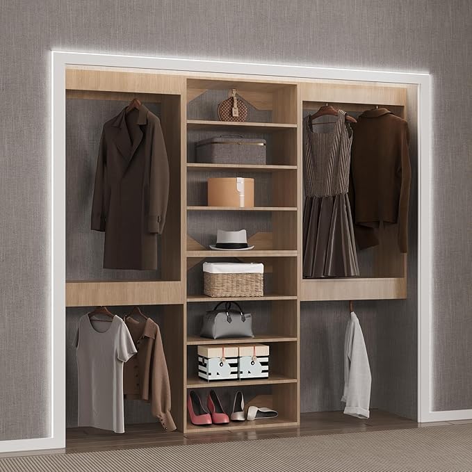 Modular Closet System, 84" Wide Closet Organizer System with Hanging and Towers, Wood Tower Closet Storage for Walk In Closets, Wall Mounted Wardrobe Organizer Kit System, Bedroom, Wood