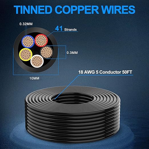 NAOEVO 18 Gauge Wire 5 Conductor Electrical Wire, 18 AWG Stranded PVC Cord, 12V Low Voltage/Tinned Copper/Flexible Cable for Automotive Wiring, Lamp Cord, Marine Cable (50FT)