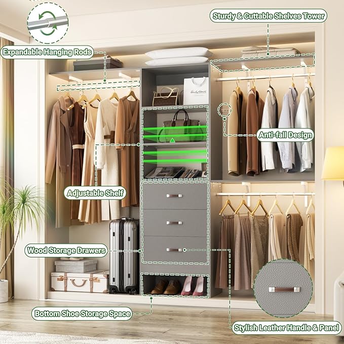 Closet System with Drawer - 8FT Wood Closet Organizer System with 3 Hanging Rods and Shelving Tower, 96" Walk In Closet Organizer Wardrobe, Heavy Duty Garment Rack Clothes Rack, Grey