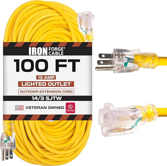 Iron Forge Cable Weatherproof 100 Ft Outdoor Extension Cord - 14/3 SJTW 15 Amp Heavy Duty Yellow Extension Cord 3 Prong - Lighted End
