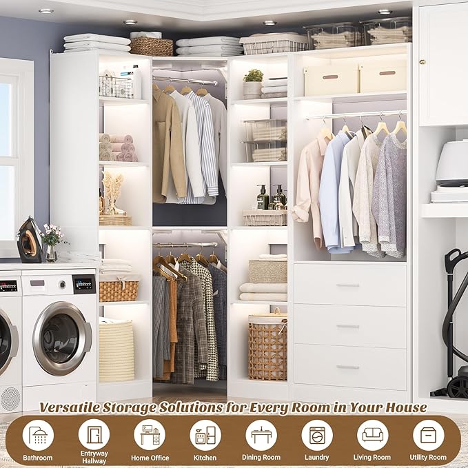 Corner Closet System with 3 Drawers, Corner Closet Organizer System with 13 Shelves & 3 Hanging Rods, 63.2"L * 39.2"W Reversible L Shaped Walk-in Closets, Load 2000+LBS, White