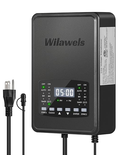 600W Low Voltage Landscape Transformer, 2 Zone Independent Control Landscape Lighting Transformer, 120VAC to 12/14V AC Low Voltage Transformer with Timer & Photocell Sensor ETL Listed D25LT06