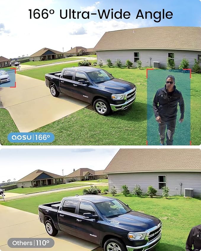 AOSU 3K/5MP Solar Security Cameras Outdoor Wireless, Ultra HD Video Home Security System 4-Cam Kit with 166° Ultra Wide Angle, Cam-to-Cam Sync, Color Night Vision, Spotlight & Siren, No Monthly Fees