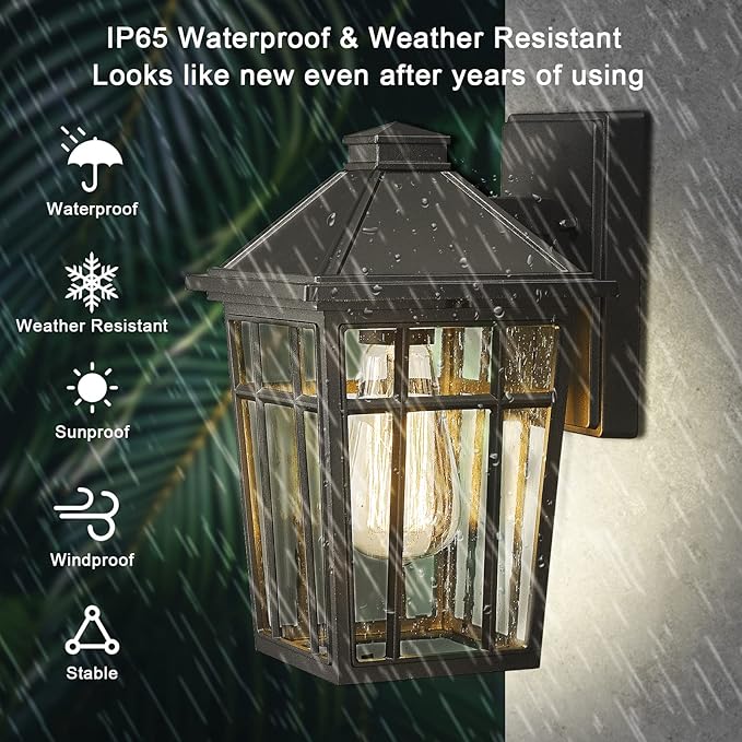 Darkaway Outdoor Sconce Lights Wall Light Fixtures, Front Porch Light Outdoor Wall Anti-Rust Waterproof Aluminum with Glass Exterior Light Fixture for Patio, Yard, Doorway, Garage(2 Pack, Black)