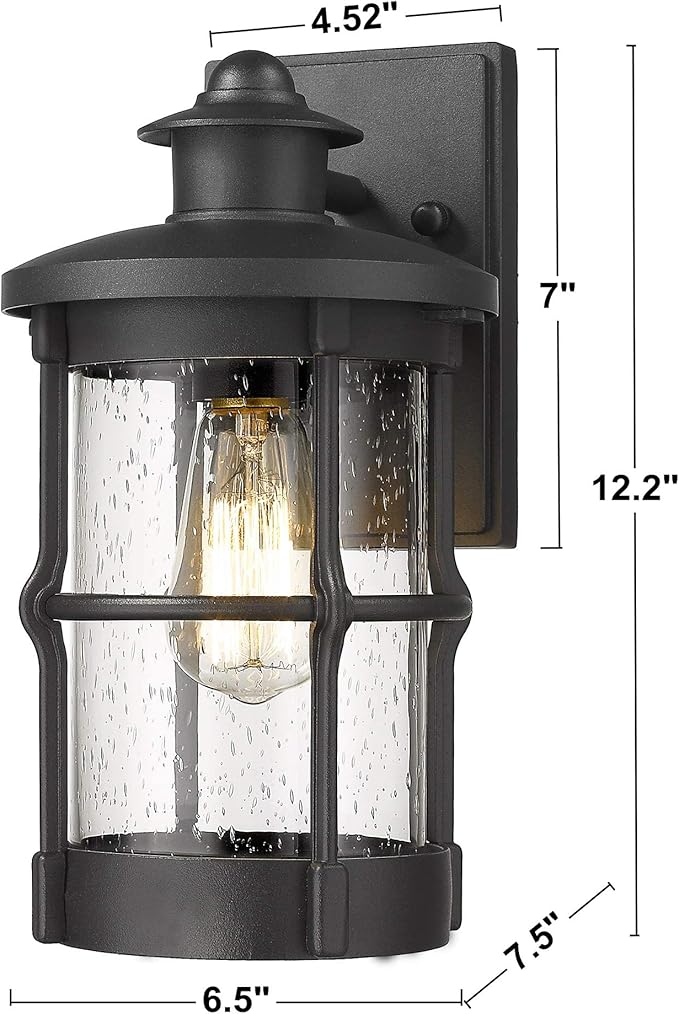 Outdoor Wall Sconces - Exterior Wall Mount Lighting Fixture in Black Finish with Seeded Glass (2 Pack)