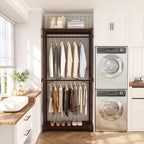 Homykic Bamboo Clothes Rack with Shelves and Double Hang Rods, Portable Closet System Garment Rack for Hanging Clothes, Tall Clothing Rack Corner Closet Organizer, Easy to Built, Espresso