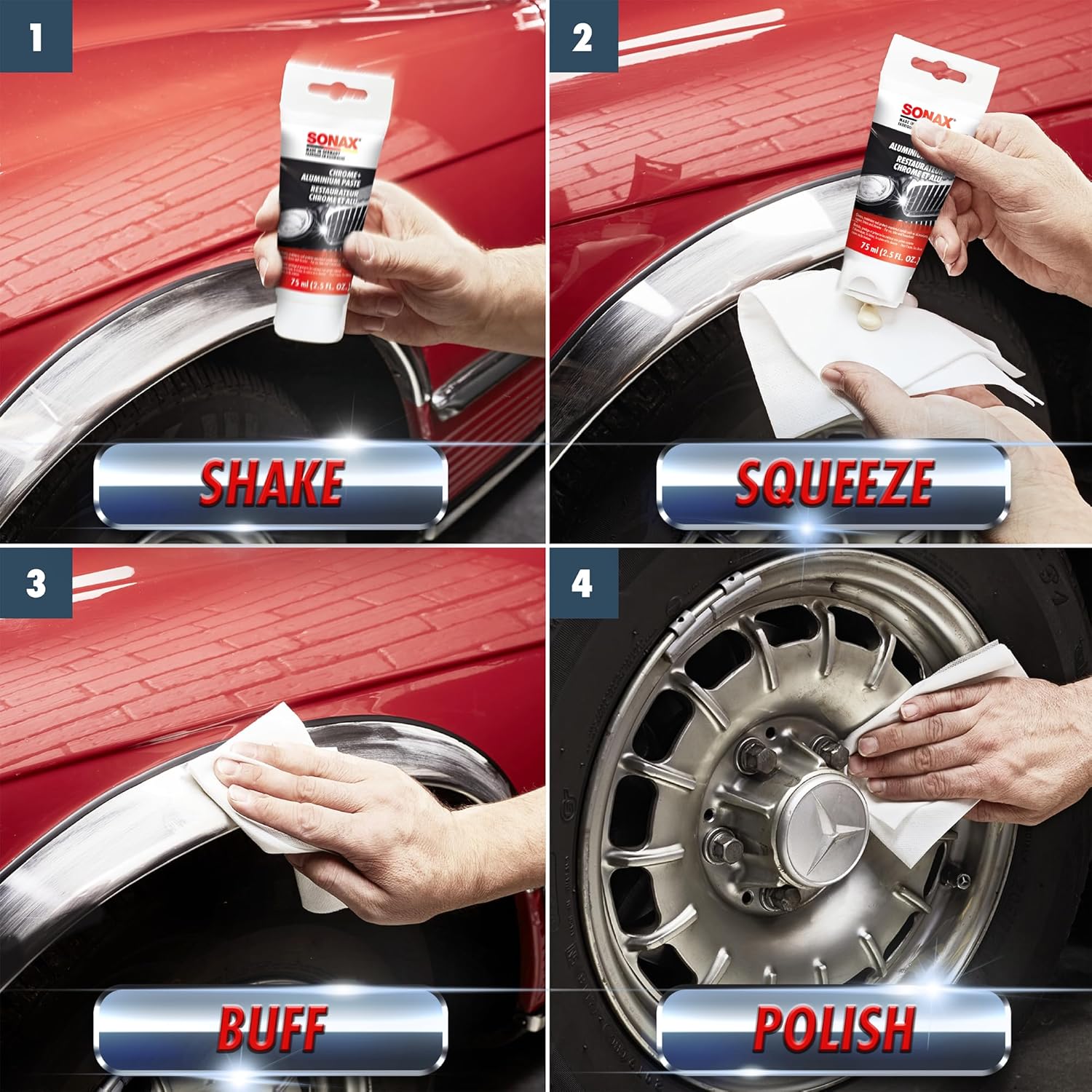 Sonax Chrome & Aluminum Paste | Gentle Cleaner & Protector for Chrome, Aluminum, Brass & Copper | Removes Rust & Corrosion | Restores Shine & Prevents Tarnishing | 308000 | 75ml