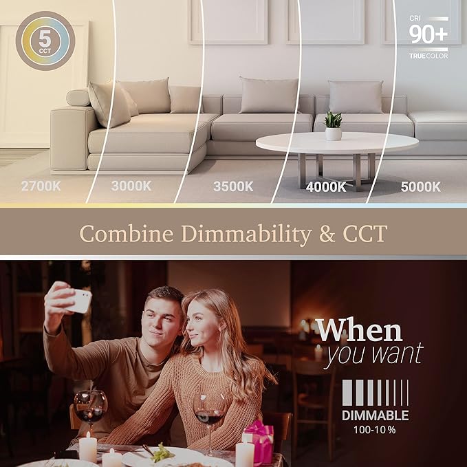 NUWATT Black 4 Inch Gimbal LED Recessed Lighting, 2700K/3000K/3500K/4000K/5000K Selectable, 630LM, Dimmable, Damp Rated, Adjustable Lens Canless Lights for Sloped Ceiling, Metal Junction Box, 6 Pack