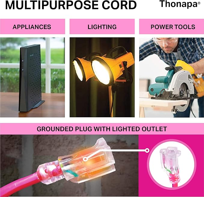 10 Ft Outdoor Extension Cord with 3 Prong, 16/3 SJTW Neon Pink Extension Cord 10ft, 13 AMP for Indoor or Outdoor Use, Small Appliances, Gardens, Lawn, Lights Decor - UL Listed