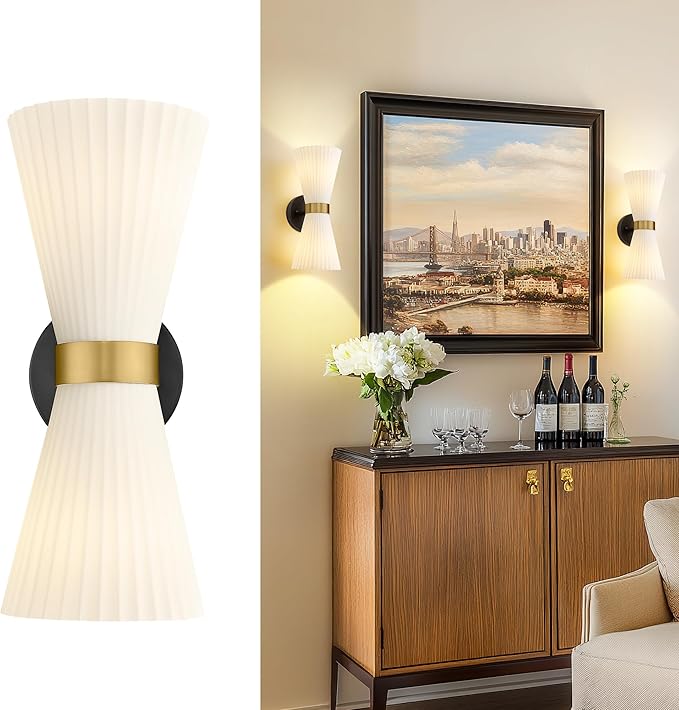 Indoor Wall Sconces, HWH Hardwired Black and Gold Bathroom Sconces Wall Lighting with Frosted Milk White Striped Glass, Modern Sconces Wall for Bathroom Hallway, 5HZG97B-2W BK+BG