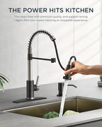 FORIOUS Kitchen Faucet with Soap Dispenser, Stainless Steel Spring Sink Faucet with Pull Down Sprayer Transitional Single Handle for Pot Filler, Farmhouse Camper Bar Laundry Room, Black Brushed