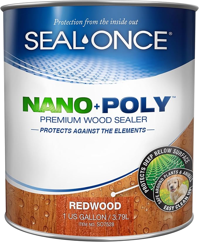 Seal-Once Nano+Poly Penetrating Wood Sealer with Polyurethane - Premium Waterproof Sealant -1 Gallon & Redwood