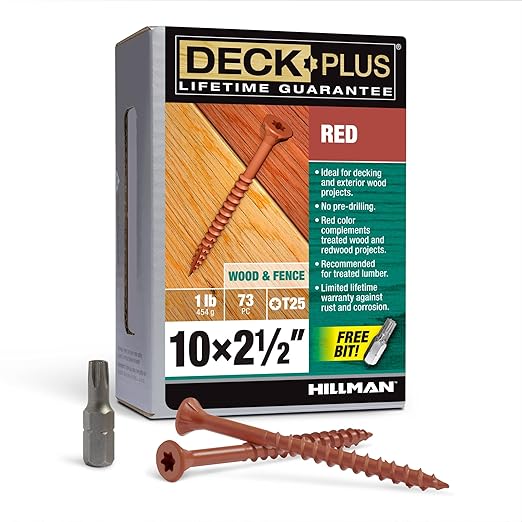 Deck Plus 2-1/2 Inch Epoxy Coated Exterior Wood and Fence Screws #10 x 2-1/2" Torx/Star Drive Included Coarse Thread, Outdoor Rust Resistant Decking Screw, Red, 1lb Box, 73 Pieces | 48429
