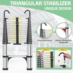 Telescoping Ladders 15.5 FT Aluminum Ladder - One-Button Retraction Collapsible Extension Ladder for Home,RV,Attic & Loft, Lasts 330 LBS with 2 Triangle Stabilizers and 2 Detachable Hooks