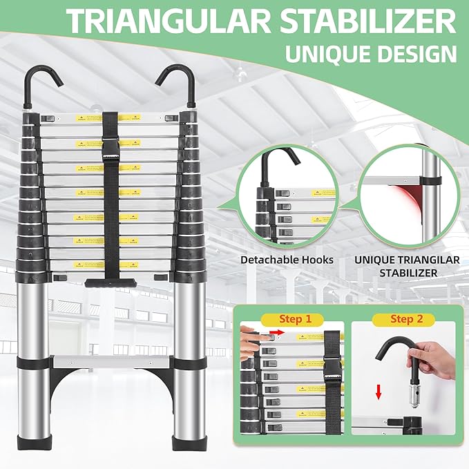 Telescoping Ladders 15.5 FT Aluminum Ladder - One-Button Retraction Collapsible Extension Ladder for Home,RV,Attic & Loft, Lasts 330 LBS with 2 Triangle Stabilizers and 2 Detachable Hooks