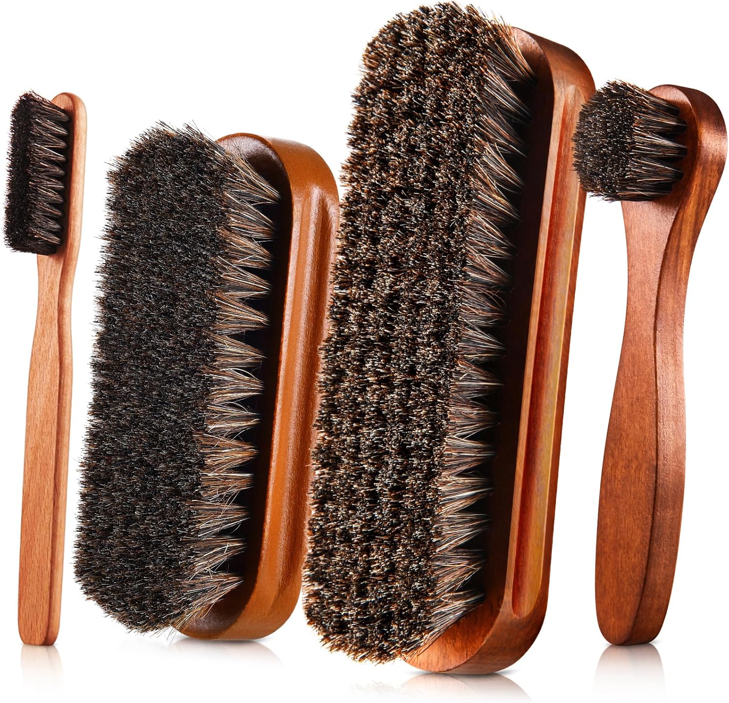 4 Pcs Horsehair Shine Shoes Brush Kit Polish Dauber Applicators Cleaning Leather Shoes Boots Care Brushes Suede Cleaner Brush with Microfiber Shoe Cloth(Brown Style A)