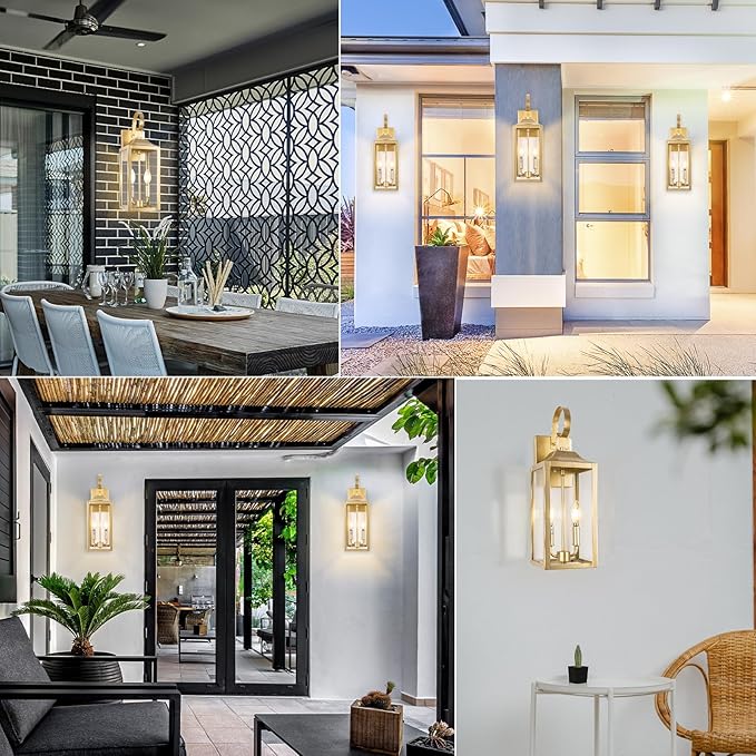 Gold Dusk to Dawn Outdoor Wall Lantern 2-Light, 19" Large Modern Wall Sconce Light Fixture, Industrial Porch Light, Waterproof Farmhouse Exterior Lamp Lighting