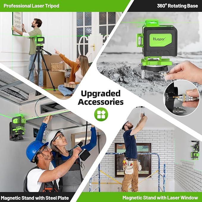 Huepar Laser Level 4x360 Self Leveling with 60" Tall Tripod, 4D Green Cross Line Lazer Leveler Tool with Outdoor Pulse Mode, 16 Lines Great for Tiling, Ceiling, Wall Work & DIY Home Renovation