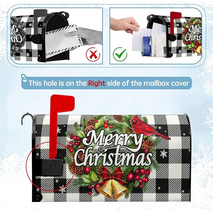 Merry Christmas Mailbox Covers Magnetic Large Size Winter Buffalo Plaid Mailbox Post Cover Oversized Xmas Snowflake Mailbox Wraps Holiday Mailbox Decor Waterproof 25.5 X 21 Inch