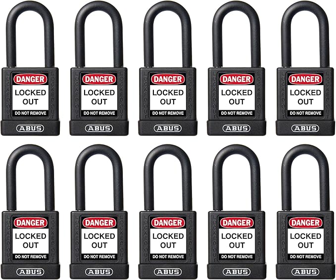 ABUS Black Pack of 10 Lockout Tagout Premium Solid Body Safety Padlock Set - OSHA Compliant Loto Locks Insulated Against Electric Shock, Keyed Different, 1 Key Per Lock