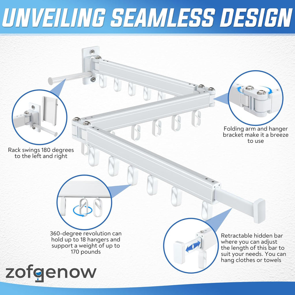 Clothes Drying Rack Wall Mounted Foldable, Retractable & Collapsible(Tri-Fold) Space-Saving Laundry Drying Rack for Indoor & Outdoor Use - Laundry Rooms, Bathroom & Balconies (White)