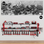 64" Power Tool Organizer Wall Mount, 16 Slots, 3-Tier Drill & Cordless Tool Storage Holder with Pegboard Sides, Tool Wall Organizer for Garage & Workshop Red