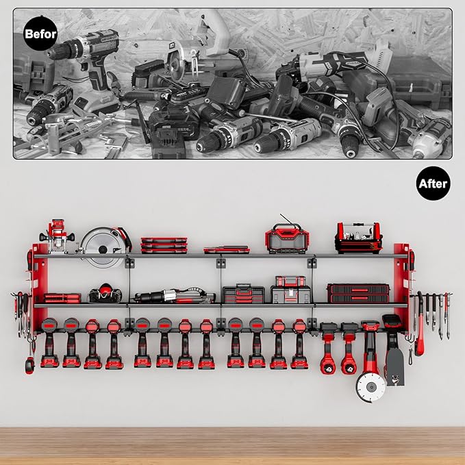64" Power Tool Organizer Wall Mount, 16 Slots, 3-Tier Drill & Cordless Tool Storage Holder with Pegboard Sides, Tool Wall Organizer for Garage & Workshop Red
