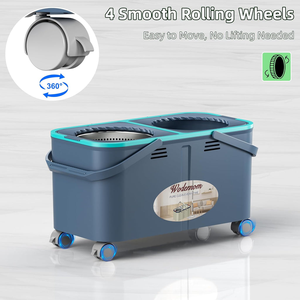 2025 Upgraded Gen 2 Spin Mop and Bucket Set with 4 Swivel Wheels for Easy Rolling, Separates Clean & Dirty Water, Floor Mop with 6 Washable Mop Heads for Wood, Tile, Vinyl, Baseboards - Grey/Blue