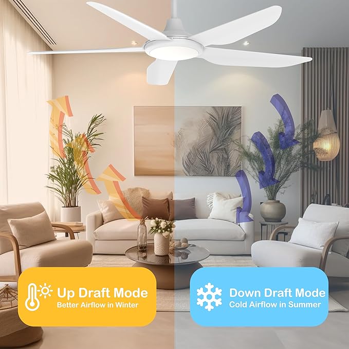 52 Inch Modern White Ceiling Fans with Lights, Ultra Quiet for Low Ceiling Bedroom, Sleep Mode Timer, 9 Speed Remote Control Dimmable LED Light, Easy Install