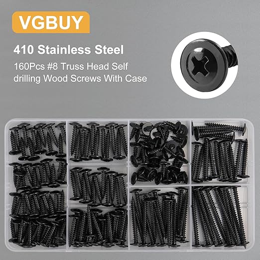 160Pcs #8 Modified Truss Head Wood Screws Assortment Kit, Stainless Steel 410 Quick Metal,Black Zinc Plated,Self Tapping Screws, 6 Sizes (1/2", 3/4", 1", 1-1/4", 1-1/2", 2")