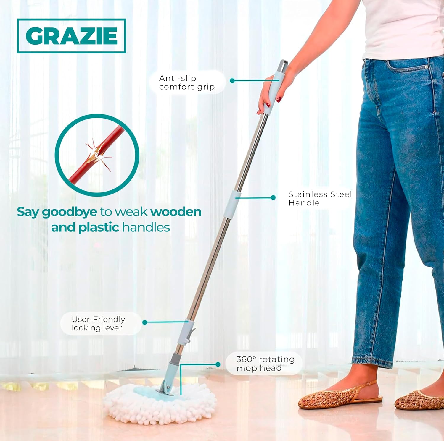 Spin Mop and Bucket Set Cleaning System Wringer 360 Microfiber Mop with Stainless Steel Handle Self Wringing Bucket with Wheels and Drain for Tile Hardwood Laminate Floors Includes 2 Mop Head Refills