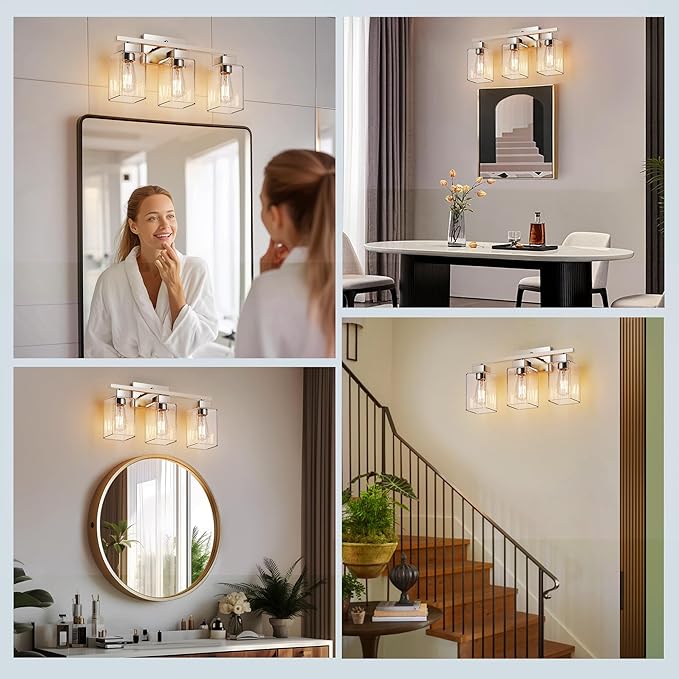 PARTPHONER 3-Light Bathroom Light Fixtures, Brushed Nickel Modern Vanity Lights, Bathroom Lighting Fixtures Over Mirror, Square Design Farmhouse Wall Sconces with Clear Glass Shades